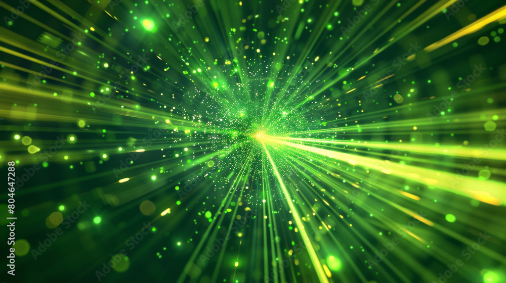 Abstract background with green light rays and yellow glow, representing speed of space time tunnel or energy flash. Abstract background with green light rays and yellow glow, representing speed of space time tunnel or energy flash.