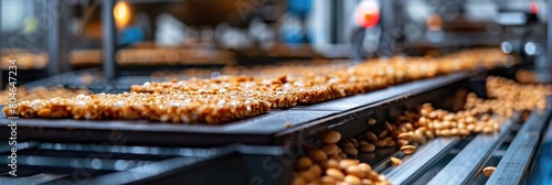 A factory conveyor belt with nut bars and almonds. photo