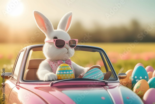 Cute Easter Bunny with sunglasses driving a car filed with easter eggs with copy space