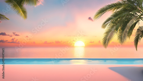 A beautiful sunset over the ocean with a palm tree in the foreground