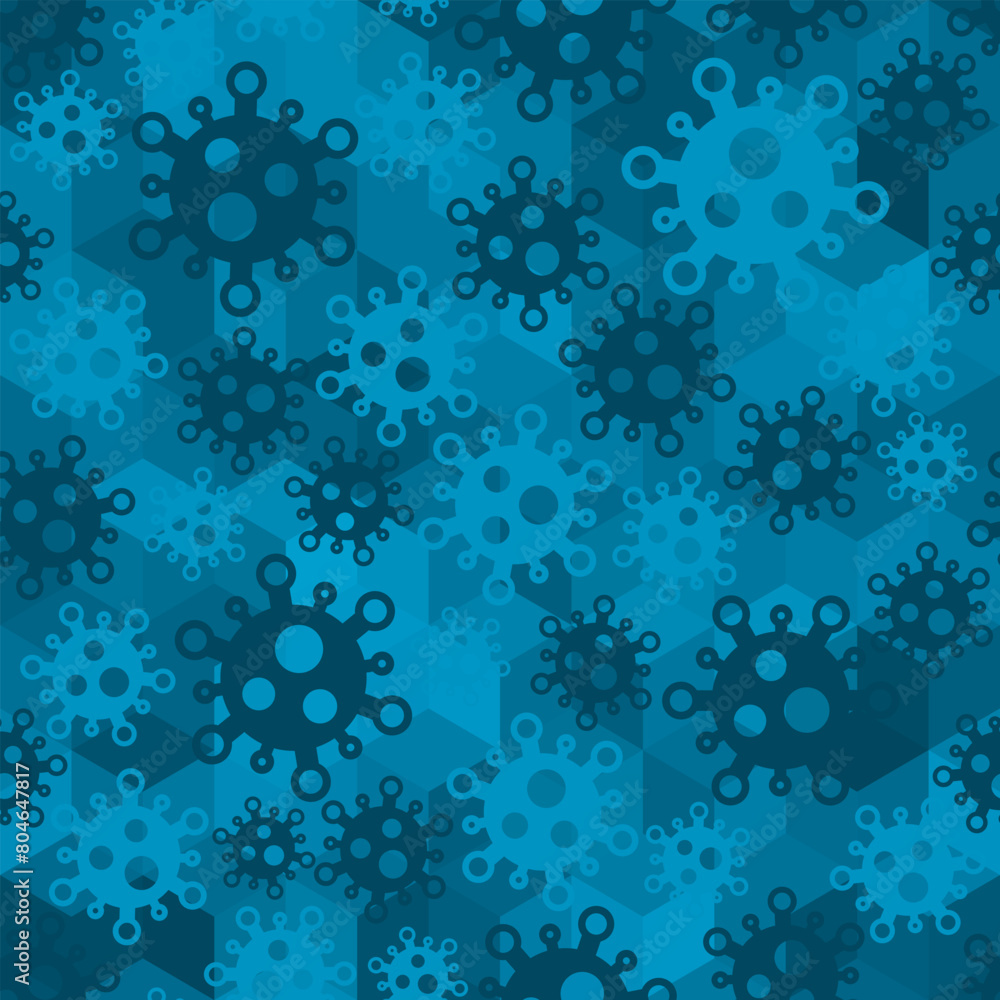 Asymmetrical virus pattern in aqua on an electric blue background