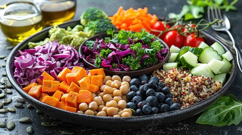   A bowl brimming with various vegetables rests beside a fork and a glass of wine on a table