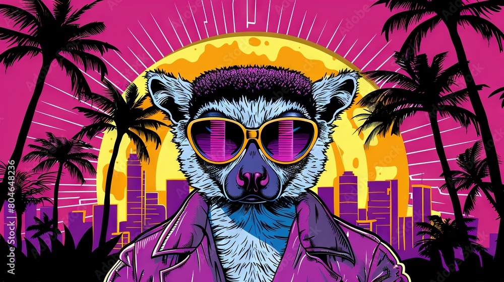 Raccoon wearing sunglasses and purple jacket in front of sunset with palm trees Raccoon wearing sunglasses and purple jacket in front of sunset with palm trees