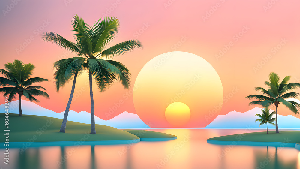 A sunset over a tropical beach with palm trees in the foreground