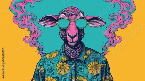   Drawing of a sheep in sunglasses and flowery shirt against yellow background photo