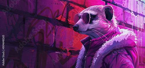   A painting of a raccoon wearing sunglasses in front of a wall adorned with graffiti and spray paint photo