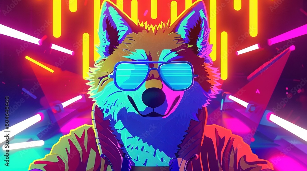  A wolf in sunglasses against a neon backdrop with lights