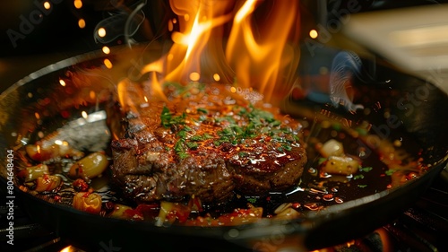 A tantalizing image of a flaming pan sizzling with a mouthwatering steak, cooked to perfection and ready to serve. The dish embodies the essence of a hearty, delicious meal.