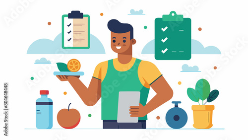 A personal trainer incorporates nutrition consultations into their fitness packages to help clients achieve their desired results.. Vector illustration