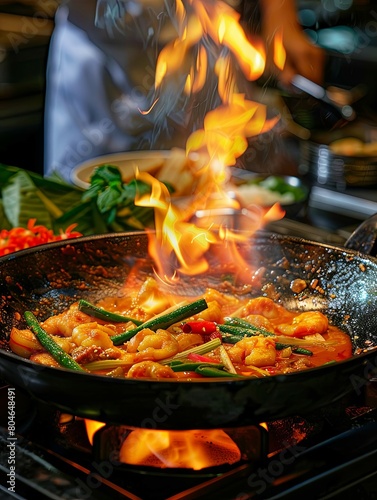 A flaming pan sizzles with a vibrant red curry, enriched by coconut milk, creating a tantalizing aroma. A delightful culinary adventure awaits, showcasing the exotic flavors of Thai cuisine.