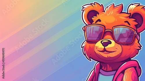  Bear in sunglasses and rainbow-colored T-shirt on background