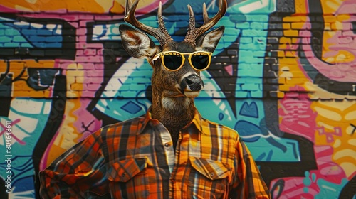   A deer with sunglasses stands before a painted deer on a wall