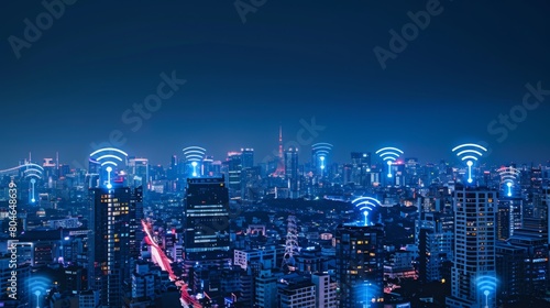 Wallpaper Mural Modern city with wireless network connection and city scape concept.Wireless network and Connection technology concept with city background at night. Torontodigital.ca