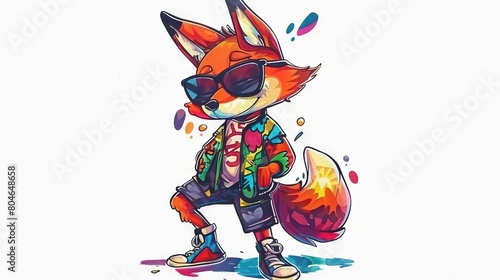  A fox in a jacket with colorful design on its chest and leg, wearing sunglasses
