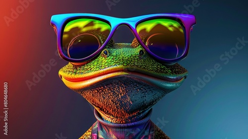  A close-up of a frog in sunglasses, wearing a tie around its neck