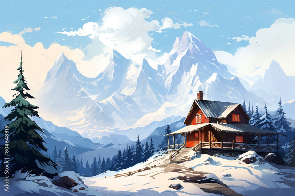 A cozy mountain chalet nestled among snowy peaks with smoke rising from the chimney, isolated on solid white background.