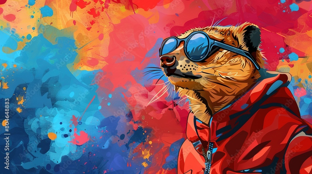   A close-up photo of a feline wearing sunnies and a red blazer with a splash of color behind