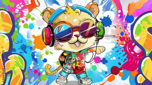   Cartoon cat with headphones and splattered background