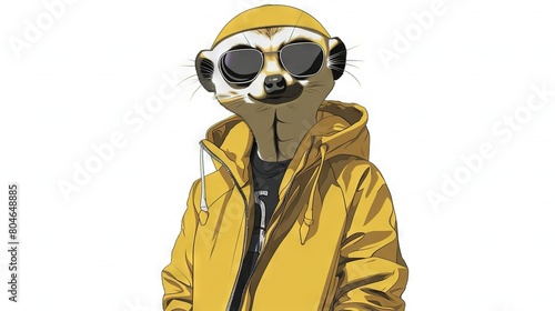  A sketch of a raccoon in a yellow jacket, sunglasses, and a hoodie It has sunglasses on its face too