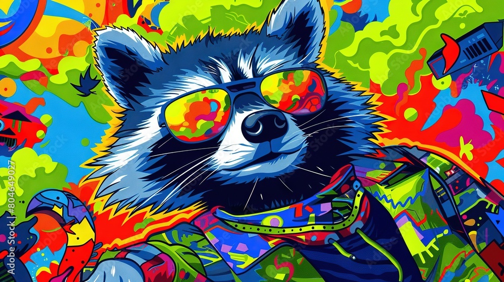   A raccoon wearing sunglasses and holding a gun against a vibrant backdrop