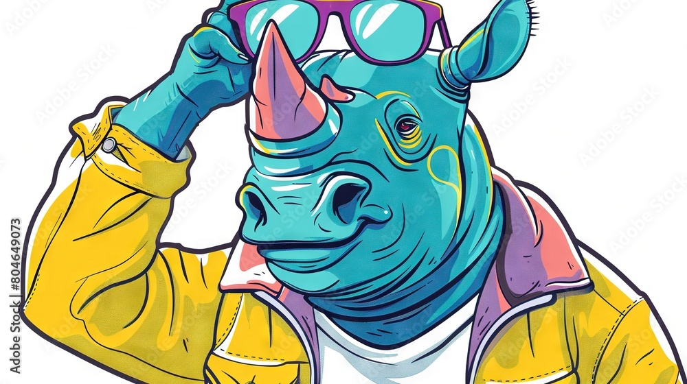 Drawing of Rhino with Sunglasses on Head and Yellow Jacket Shoulders Drawing of Rhino with Sunglasses on Head and Yellow Jacket Shoulders