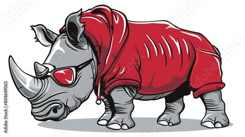   Rhino wearing a red sweater  adorned with a red heart on its chest and glasses perched on its snout