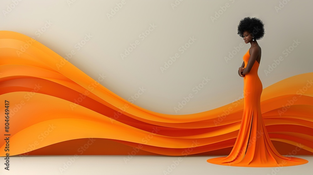 A woman in an orange dress stands before a large wave of orange and white paper blowing in the wind A woman in an orange dress stands before a large wave of orange and white paper blowing in the wind