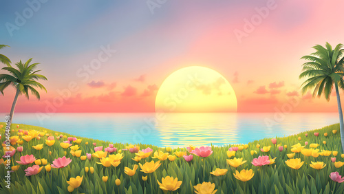 A beautiful sunset over a beach with palm trees and a field of flowers