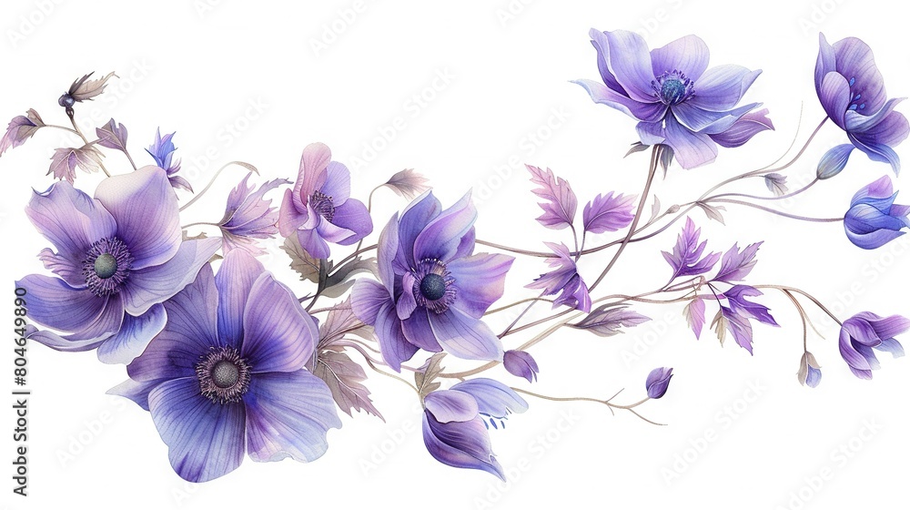   A detailed image of several vibrant flowers against a white backdrop, featuring prominently blue and purple hues at the center of the frame