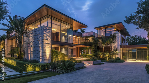 A stunning, upscale residence featuring minimalist architecture, with gentle lighting accentuating its modern design, surrounded by meticulously landscaped gardens.