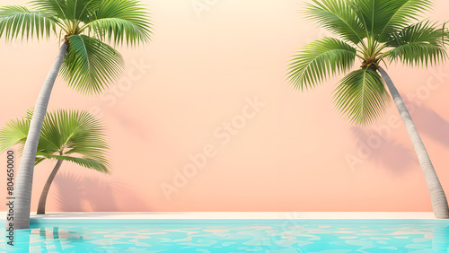 A wall with two palm trees and a pool in the background