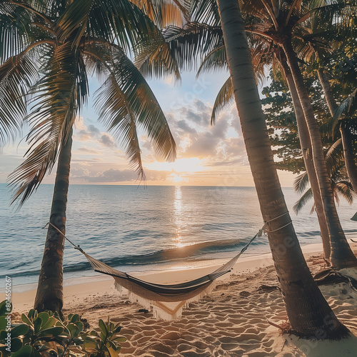 Tropical Beachside Relaxation: Hammock Between Palms at Sunset