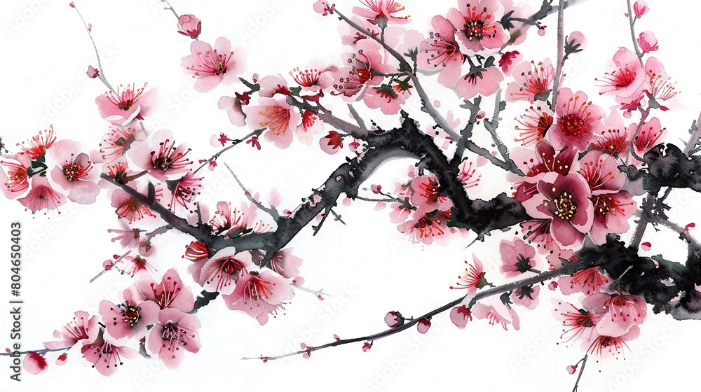   A painting depicts a tree laden with pink flowers adorning its branches, with a bird perched gracefully on one of them