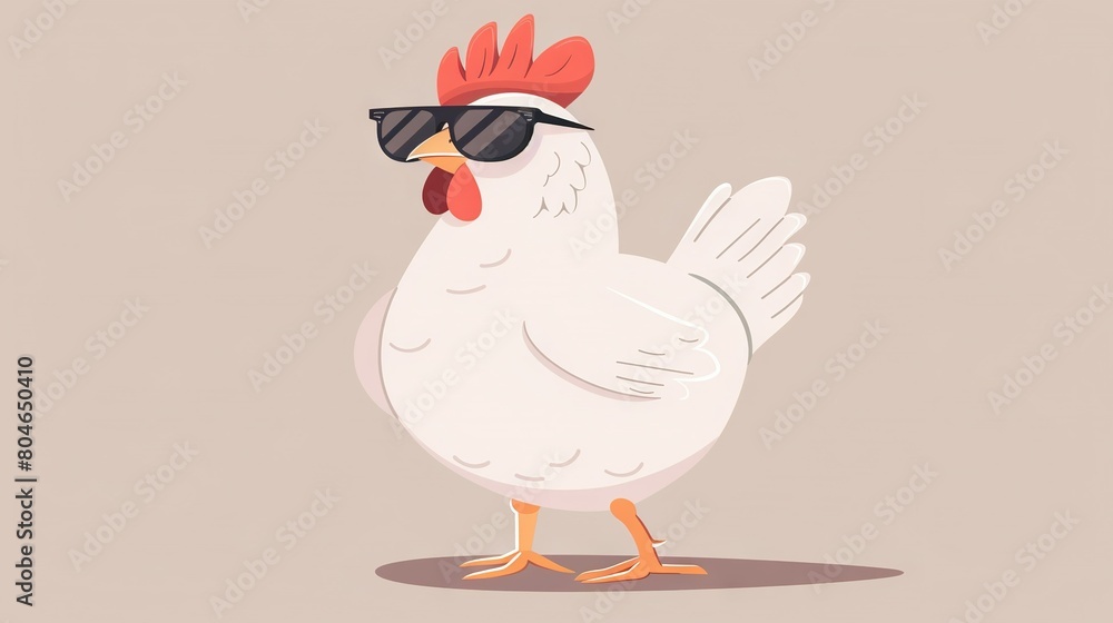A white chicken with sunglasses perched atop its head and a red comb centered in the frame A white chicken with sunglasses perched atop its head and a red comb centered in the frame