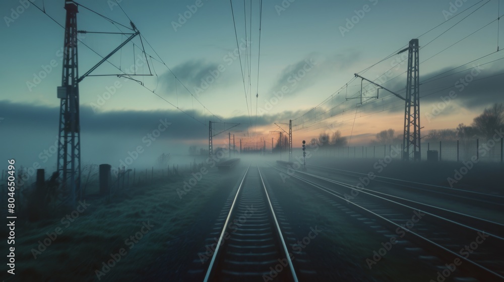 Morning mist enveloping the tracks as a high-speed train speeds towards the horizon. Morning mist enveloping the tracks as a high-speed train speeds towards the horizon.
