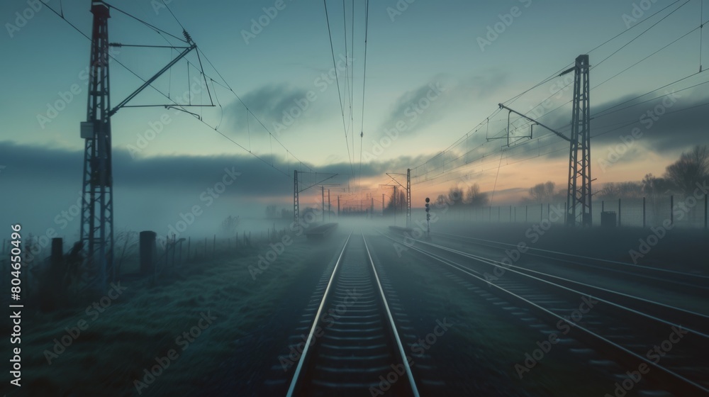 Morning mist enveloping the tracks as a high-speed train speeds towards the horizon.