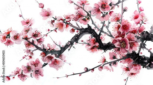   A painting depicts a tree laden with pink flowers adorning its branches  with a bird perched gracefully on one of them