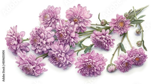   A macro shot of numerous blossoms against a white background  featuring purples prominently