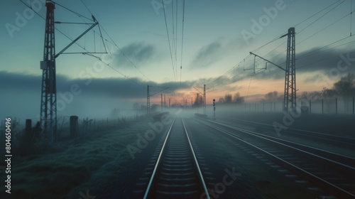 Morning mist enveloping the tracks as a high-speed train speeds towards the horizon." © Plaifah