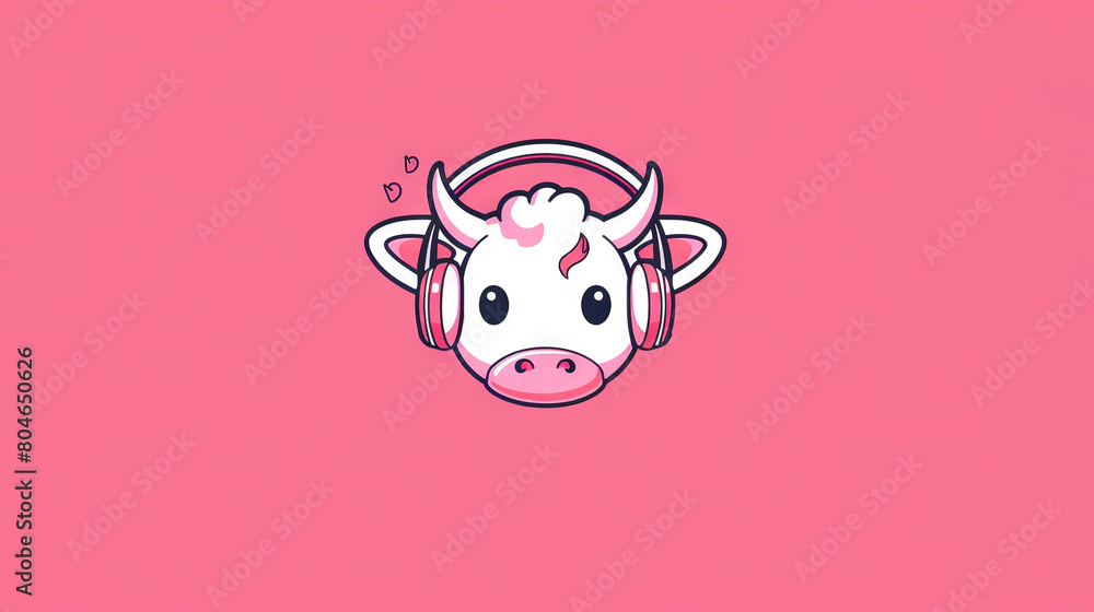 Cow wearing headphones with a heart on its ear against a pink backdrop Cow wearing headphones with a heart on its ear against a pink backdrop