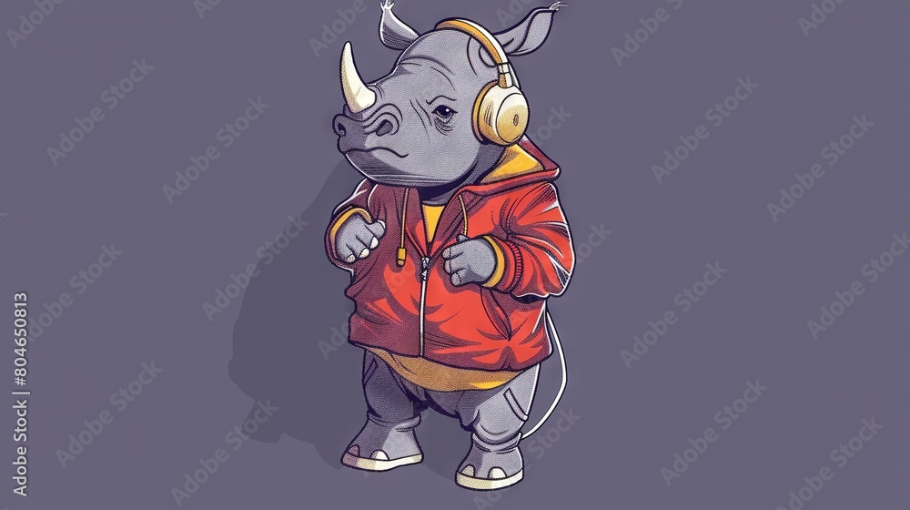 A rhino with headphones on and a red jacket, standing against a gray backdrop A rhino with headphones on and a red jacket, standing against a gray backdrop