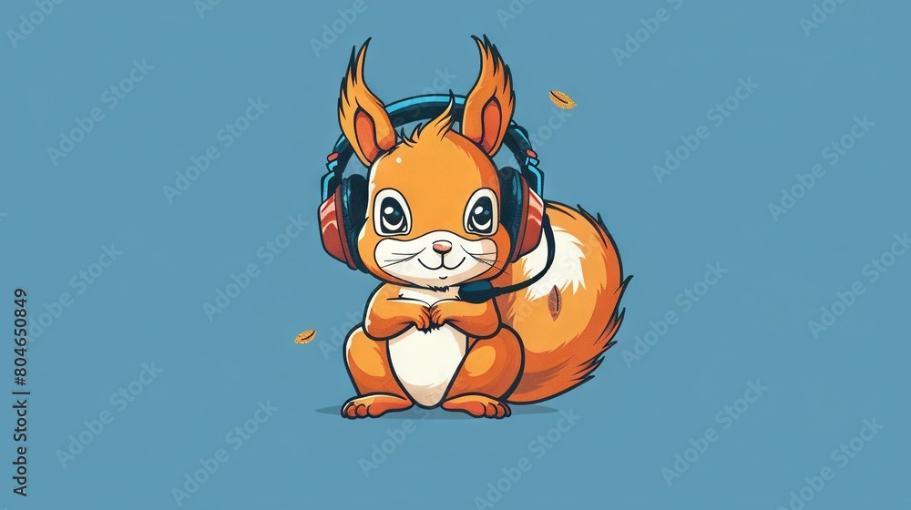 Fototapeta premium Cartoon squirrel wearing headphones and listening to music, sitting in front of blue background