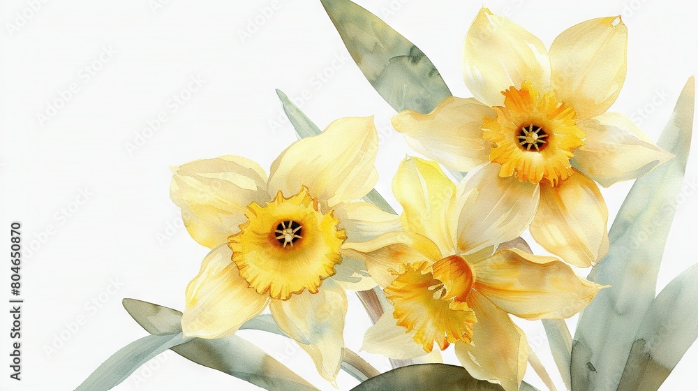 A vase with yellow daffodils against a green backdrop of leaves on a white background A vase with yellow daffodils against a green backdrop of leaves on a white background