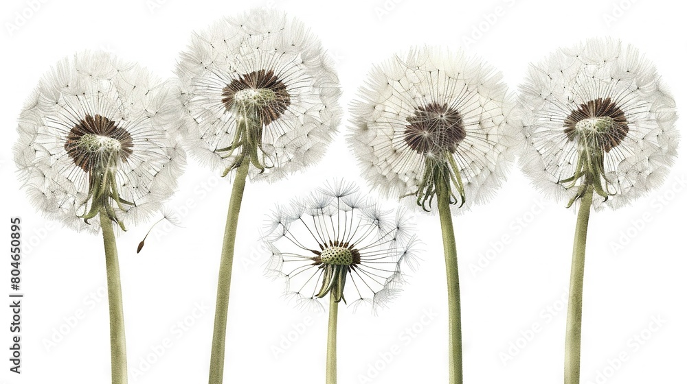   A trio of dandelions sits together on a white background, with one dandelion in the center