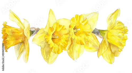  Yellow daffodils drawn on white background using watercolor pencils and paper