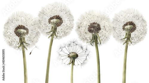   A trio of dandelions sits together on a white background  with one dandelion in the center
