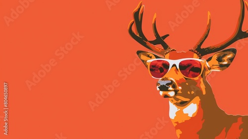  A close-up of a deer wearing sunglasses against a red background