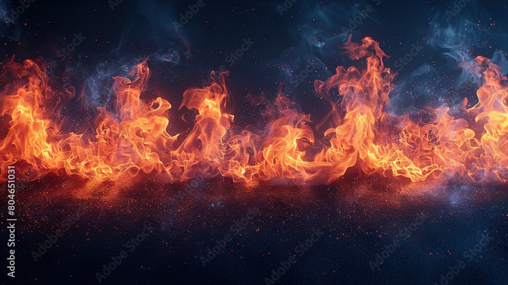   A collection of fiery flames against a dark backdrop with swirling blue-orange smoke emanating from their tops