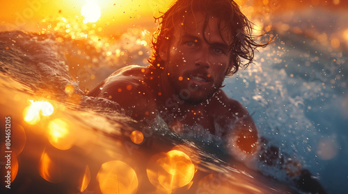 Golden Surf: Adventurous Man Riding the Waves at Sunset photo