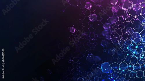 Black and indigo gradient background featuring tiny futuristic molecule design interlocking small polygons transitioning in colors, symbolizing dynamic molecular connections.